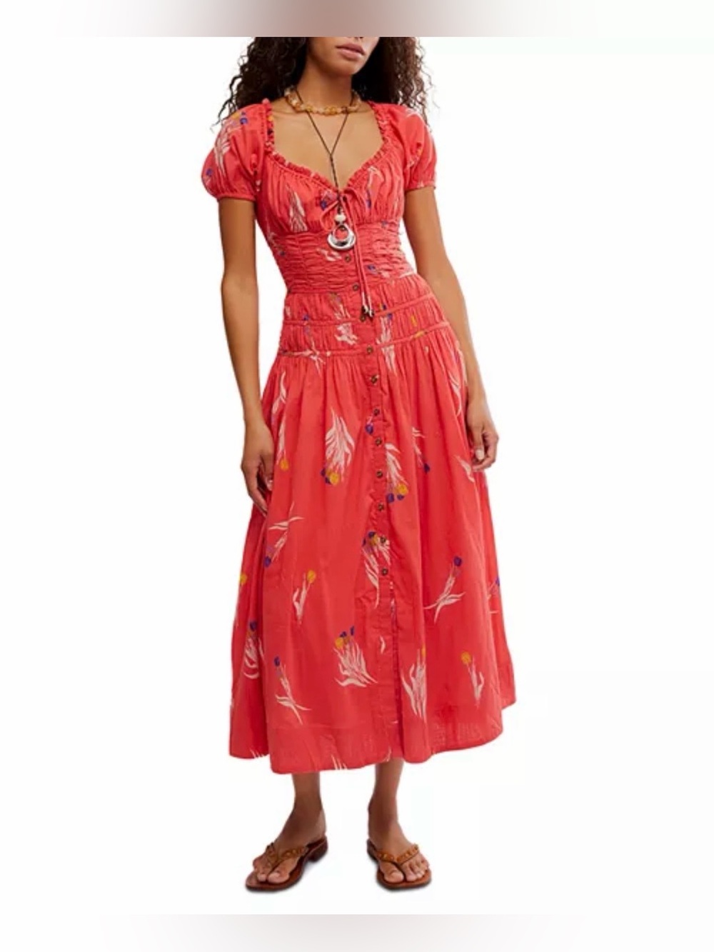 Free People Coral Floral Button-Front Midi Dress - Picture 1 of 9